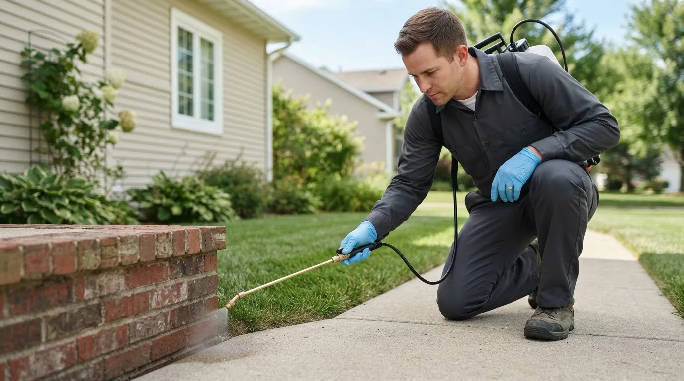 Pest control technician treating a home near Hanna, IN