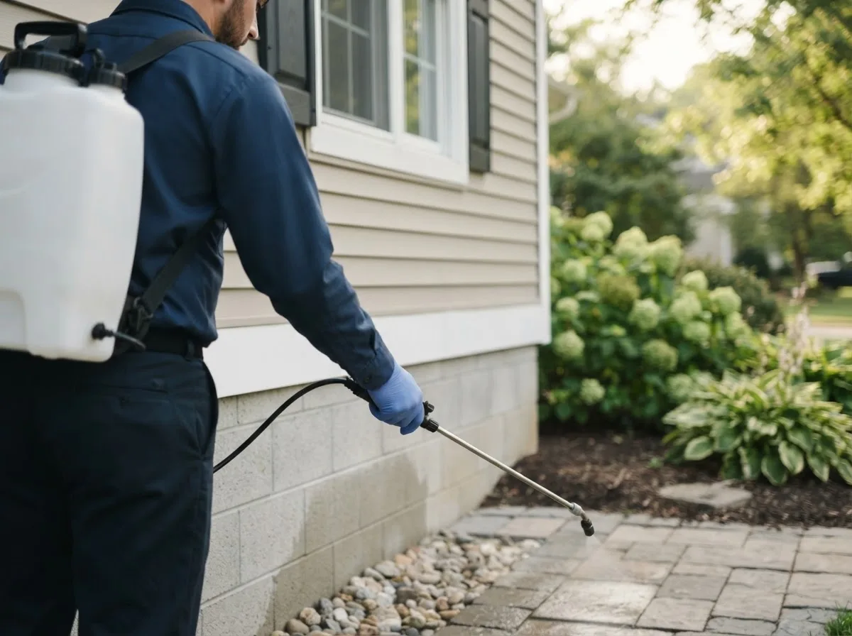 Pest control technician inspecting a home in Hanna, IN